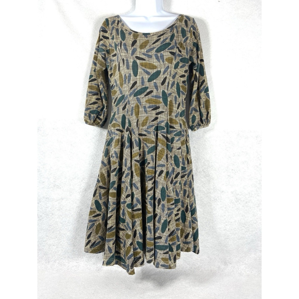 Effie's Heart Angelou Dress Women's Tan Green Fit & Flare Long Sleeve Sage Print